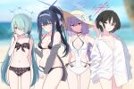  4girls absurdres atsuko_(blue_archive) bikini black_bikini black_hair blue_archive blue_eyes blue_hair breasts closed_mouth covered_navel floral_print goyain hair_over_one_eye hairband halo hat high_ponytail highres hiyori_(blue_archive) large_breasts long_hair looking_at_viewer medium_breasts misaki_(blue_archive) multiple_girls navel one-piece_swimsuit purple_hair purple_hairband red_eyes saori_(blue_archive) scratching_cheek shirt short_hair sun_hat swimsuit twintails very_long_hair white_one-piece_swimsuit white_shirt 