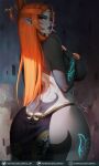  1girl ass breasts butt_crack colored_sclera colored_skin from_behind hair_ornament hair_stick highres large_breasts lips long_hair looking_at_viewer looking_back luminyu midna midna_(true) multicolored_skin orange_hair orange_sclera pelvic_curtain pointy_ears red_eyes the_legend_of_zelda the_legend_of_zelda:_twilight_princess 