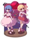  2girls bat_(animal) bat_wings blonde_hair blue_hair border bow brick_floor brooch crystal dress flandre_scarlet footwear_bow gradient_background hat hat_ribbon jewelry looking_at_viewer moon multicolored_wings multiple_girls no_headwear ochamaru0103 one_side_up open_mouth pink_dress pink_footwear pink_skirt puffy_short_sleeves puffy_sleeves red_eyes red_footwear red_moon red_sash red_skirt red_vest remilia_scarlet ribbon sash shoes short_hair short_sleeves siblings side_ponytail sisters skirt skirt_set smile standing touhou vest white_border white_bow white_footwear wings 