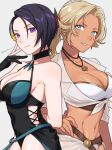  2girls bare_shoulders bikini black_one-piece_swimsuit blonde_hair blue_eyes breasts catherine_(fire_emblem) catherine_(summer)_(fire_emblem) cleavage dark-skinned_female dark_skin fire_emblem fire_emblem:_three_houses fire_emblem_heroes highres large_breasts looking_at_viewer multiple_girls navel official_alternate_costume one-piece_swimsuit peach11_01 purple_eyes shamir_nevrand shamir_nevrand_(summer) short_hair swimsuit white_bikini 