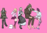  2girls 3boys ahoge akamatsu_kaede bag bandaged_hand bandages barefoot black_dress black_footwear blonde_hair breasts brown_footwear brown_jacket buttons collared_shirt danganronpa_(series) danganronpa_v3:_killing_harmony dress facial_hair from_side glasses goatee gokuhara_gonta green_hair green_headwear green_jacket green_necktie grey_shirt hair_over_one_eye high_heels invisible_chair jacket kneehighs large_breasts long_hair long_sleeves looking_at_another maid miniskirt momota_kaito multiple_boys multiple_girls musical_note musical_note_print necktie no_jacket open_clothes open_shirt orange_necktie pants pantyhose pink_pants pink_vest pleated_skirt print_shirt profile purple_hair shachoo_(poco_poco) shinguji_korekiyo shirt shoes short_hair sitting skirt socks spiked_hair tojo_kirumi vest white_bag white_shirt 