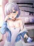  1girl absurdres alternate_costume bedroom blue_eyes blush breasts cleavage collar collarbone commentary_request cup curtains gerbera152 hair_ornament hairclip highres jacket kaga_sumire katana looking_at_viewer mug open_mouth pillow solo stuffed_toy sword virtual_youtuber vspo! waking_up weapon 