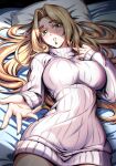  1girl black_pantyhose blonde_hair breasts chin_piercing commission english_commentary fate/grand_order fate_(series) green_eyes green_nails highres large_breasts long_hair long_sleeves looking_at_viewer lying on_back on_bed pantyhose pillow quetzalcoatl_(fate) ribbed_sweater solo sweater turtleneck turtleneck_sweater white_sweater zantyarz 