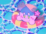  0tamt0 afloat blue_eyes blush_stickers commentary full_body hat hat_ornament highres innertube kirby kirby_(series) leaf no_humans outdoors pixelated solo star_(symbol) star_hat_ornament straw_hat symbol-only_commentary water 