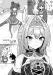  3girls :d ? animal_ears aston_machan_(umamusume) bare_shoulders bow breasts closed_mouth commentary_request crown daiwa_scarlet_(scarlet_nuit_etoile)_(umamusume) daiwa_scarlet_(umamusume) dress greyscale hair_bow hair_intakes horse_ears horse_girl horse_tail illuminate_the_heart_(umamusume) koruri large_breasts long_sleeves mini_crown monochrome multiple_girls one_side_up plaid plaid_dress pleated_skirt profile puffy_long_sleeves puffy_sleeves school_uniform shirt skirt smile spoken_question_mark tail thighhighs tiara tracen_school_uniform translation_request umamusume vodka_(nonfreezing_aqua_vitae)_(umamusume) vodka_(umamusume) |_| 