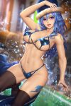  1girl arm_up bikini black_thighhighs blue_bikini blue_eyes blue_hair blue_headwear blurry blurry_background body_markings breasts collarbone english_commentary fairy_tail fur-trimmed_headwear fur_hat hair_between_eyes hat heart_bikini juvia_lockser long_hair mixed-language_commentary navel neoartcore o-ring o-ring_bikini paid_reward_available parted_lips patreon_username swimsuit thai_commentary thighhighs ushanka water 