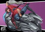  2girls ass blonde_hair bodysuit brown_hair catsuit clothed_sex constricted_pupils cum cum_in_pussy cum_overflow fake_tail full-package_futanari futa_with_female futanari high_heels highres hug joanna_(persona_5) motor_vehicle motorcycle multiple_girls niijima_makoto penis persona persona_5 pussy razillon riding scared sex tail takamaki_anne twintails vaginal 