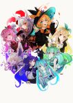  6+girls absurdres ahoge animal_ears blonde_hair blue_eyes blue_hair bow braid closed_eyes color_wheel_challenge crown elbow_gloves elira_pendora ember_(selen_tatsuki) enna_alouette fang finana_ryugu fins fish_girl fox_ears fox_girl gloves green_hair grey_hair gun hair_between_eyes hair_over_one_eye handgun hat head_fins head_wings heterochromia highres holding holding_gun holding_weapon legitrebelrose long_hair long_sleeves looking_at_viewer millie_parfait mini_crown mole mole_under_eye multiple_girls nijisanji nijisanji_en nina_kosaka open_mouth pink_hair pointy_ears pomu_rainpuff pout purple_eyes purple_hair red_eyes rosemi_lovelock selen_tatsuki short_hair smile teeth tongue twin_braids watermark weapon wings witch_hat 