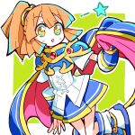  1girl absurdres arle_nadja armor blue_dress blue_footwear blush brown_hair cape dress highres looking_at_viewer madou_monogatari ponytail puyopuyo shoulder_armor solo star_(symbol) tokoro_tokoro10 yellow_eyes 