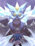  1boy blue_jacket blurry bodysuit bodysuit_under_clothes bracelet brown_hair clenched_hands commentary_request grey_shorts highres ice inana_umi jacket jewelry kyurem male_focus nate_(pokemon) pokemon pokemon_(creature) pokemon_(game) pokemon_bw2 short_hair short_sleeves shorts spiked_hair xtransceiver 
