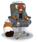  2015 absurd_res ailurid anthro arm_markings biped black_clothing black_markings black_shirt black_topwear book bottomwear chair clothed clothing countershade_face countershading eyebrows facial_markings fluffy fluffy_tail footwear front_view furniture hair head_markings hi_res holding_book holding_object jewelry looking_at_book looking_at_object malachyte male mammal markings necklace office_chair open_clothing open_mouth open_shirt open_topwear orange_hair pants reading red_panda ring_(marking) ringtail shirt short_hair simple_background sitting socks solo tail tail_markings topwear white_background white_ears white_markings wrist_markings 