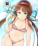  1girl ahoge anger_vein angry bikini black_ribbon blue_eyes blue_sky blush breasts brown_hair cleavage cloud collarbone commentary_request cross-laced_bikini cross-laced_clothes day frown green_eyes groin hair_ribbon hairband heterochromia kinako_(mzknk0) long_hair looking_at_viewer low_twintails outdoors partial_commentary red_bikini red_hairband red_stripes ribbon ryoubi_(senran_kagura) senran_kagura senran_kagura_shinovi_versus sidelocks sky small_breasts solo spoken_anger_vein standing striped striped_bikini swimsuit twintails very_long_hair white_bikini wide_hips 