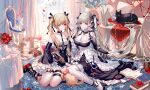  2girls absurdres azur_lane black_cat black_dress black_ribbon blonde_hair blue_eyes book bow breasts cat chair character_request commentary_request cup detached_sleeves dress flower formidable_(azur_lane) frilled_sleeves frills grey_hair hair_ribbon highres indoors large_breasts long_sleeves looking_at_viewer multiple_girls pantyhose pink_bow red_eyes red_flower red_rose ribbon rose sheya teacup thigh_strap twintails white_cat white_pantyhose wide_sleeves window 