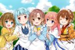  5girls apron blue_dress blue_eyes blue_hair blue_sky blush bokujou_monogatari brown_eyes brown_hair character_request dress elli_(bokujou_monogatari) long_hair long_sleeves looking_at_viewer maid_headdress multiple_girls one_eye_closed pink_hair red_eyes short_hair sky smile sugu016406 white_apron 