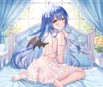  1girl absurdres ahoge arm_strap ass backless_dress backless_outfit bare_back bare_shoulders bed blue_hair breasts character_request choker dress frilled_choker frilled_pillow frills from_behind hand_up highres indie_virtual_youtuber long_hair looking_at_viewer looking_back median_furrow mini_wings no_panties on_bed parted_lips pillow see-through see-through_dress shiono_(0303) sitting sleeveless sleeveless_dress small_breasts solo very_long_hair virtual_youtuber wariza white_dress wings wrist_cuffs yellow_eyes 
