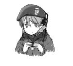  1girl absurdres alternate_costume beret braid coat collared_jacket cup darjeeling_(girls_und_panzer) emblem frown girls_und_panzer hair_between_eyes hat headphones headphones_over_headwear headset highres holding holding_cup layered_clothes looking_to_the_side military military_jacket monochrome panzermeyer1223 profile simple_background solo solo_focus st._gloriana&#039;s_(emblem) sweat sweatdrop teacup twin_braids uncomfortable white_background winter_clothes winter_coat world_war_ii 
