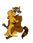  2015 ambarina_(artist) anthro anthro_on_anthro breasts brown_body brown_fur captain_sale cuddling duo eye_patch eyewear female female/female french_kissing fur guardians_of_the_galaxy hi_res interspecies kissing lylla mammal marvel mustelid nipples nude one_eye_obstructed otter procyonid raccoon red_eyes simple_background white_background yellow_body yellow_fur 