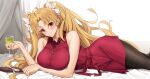  1girl blonde_hair blush breasts cross cross_necklace cup dress earrings ereshkigal_(fate) fate/grand_order fate_(series) holding holding_cup jewelry large_breasts long_hair looking_at_viewer necklace pantyhose red_dress red_eyes ribbon tony_guisado twintails white_ribbon 