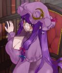  1girl blue_bow blush book bow breasts chair cleavage crescent crescent_hat_ornament dress frilled_hat frilled_shirt_collar frills hair_bow hat hat_ornament highres large_breasts library long_hair looking_at_viewer patchouli_knowledge purple_eyes purple_hair ribbon round_eyewear sitting solo speech_bubble touhou zakozako_y 