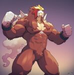  anthro brown_body brown_fur entei fur generation_2_pokemon hi_res legendary_pokemon looking_at_viewer male muscular nintendo nipples nude pokemon pokemon_(species) red_eyes simple_background solo voviat 