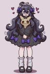  1girl :d @_@ ahoge alternate_costume bow commentary_request dress hair_between_eyes hair_bow headdress heart hex_maniac_(pokemon) highres holding holding_pokemon kopeniko long_sleeves looking_at_viewer mimikyu open_mouth own_hands_together pokemon pokemon_(creature) pokemon_(game) pokemon_xy purple_bow shoes smile socks standing 
