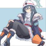  1girl absurdres armband blue_archive boots bubble1995 coat fallen_down fur-trimmed_coat fur_trim grey_eyes grey_hair halo hardhat helmet highres long_hair megaphone minori_(blue_archive) pantyhose scarf tears thighs torn_clothes torn_pantyhose 