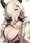  1girl absurdres azur_lane black_gloves blonde_hair braid breasts cleavage dated earrings fishnets gloves grin hair_ornament hair_over_one_eye hairclip highres holding holding_hair horns jewelry large_breasts lips long_hair looking_at_viewer low_twin_braids mole mole_under_mouth open_mouth owari_(azur_lane) simple_background smile solo sunebu_(snake_boo2) twin_braids upper_body very_long_hair white_background yellow_eyes 