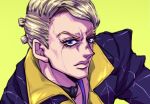  1boy arrow_print blonde_hair close-up formal highres jojo_no_kimyou_na_bouken male_focus multiple_hair_buns official_style prosciutto purple_eyes ruushii_(lucy_steel6969) solo suit vento_aureo yellow_background 