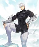  1boy bara black_bodysuit blue_eyes bodysuit covered_abs fate/grand_order fate_(series) foot_out_of_frame hair_between_eyes hand_on_own_hip jin_(sirius-j) large_pectorals leg_up legs_apart looking_at_viewer male_focus muscular muscular_male pectorals percival_(fate) short_hair skin_tight solo strongman_waist thick_thighs thighhighs thighs white_hair white_thighhighs 