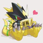  black_mask bulkmon claws colored_sclera colored_skin digimon digimon_(creature) green_sclera heart kira_(kira_dra) lightning_bolt_symbol no_humans red_eyes sitting white_background yellow_skin 