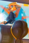  2023 anthro artist_name bodysuit butt canid canine clothed clothing diane_foxington dreamworks eyebrow_piercing eyebrows eyelashes facial_piercing female fingers fox fur hi_res looking_at_viewer looking_back looking_back_at_viewer mammal orange_body orange_fur piercing skinsuit smile solo spongebandimark the_bad_guys thick_thighs tight_clothing 