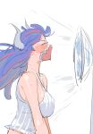  1girl ahoge blue_hair camisole closed_eyes covered_mouth curled_horns dinosaur_girl electric_fan fanning_self horns long_hair mask mouth_mask multicolored_hair one_piece pink_hair pink_mask raine_(acke2445) solo streaked_hair sweat ulti_(one_piece) white_camisole 