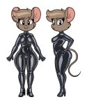  acstlu anita_squeek anthro big_ears brown_body brown_fur brown_hair clothing female footwear fur hair hand_on_hip hi_res high_heels looking_at_viewer mammal mouse murid murine open_mouth pink_nose rodent rubber rubber_clothing rubber_suit short_hair simple_background solo standing tail tight_clothing 