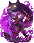  1girl amity_blight aura boots cat ghost_(the_owl_house) glowing glowing_eyes kuma20151225 looking_at_viewer magic multicolored_hair pointy_ears ponytail purple_hair spiked_gauntlets staff the_owl_house two-tone_hair yellow_eyes 