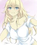  1girl alternate_costume atago_(kancolle) blonde_hair blue_eyes breasts commentary_request gakky kantai_collection large_breasts long_hair looking_at_viewer one-hour_drawing_challenge shirt solo t-shirt upper_body white_shirt 