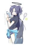  1girl ball black_shirt blue_archive blue_buruma blue_jacket blush bottle breasts buruma clothes_around_waist cropped_legs halo highres holding holding_bottle jacket jacket_around_waist long_hair looking_at_viewer ponytail purple_eyes purple_hair racket sentouryoku_5 shirt short_sleeves simple_background sketch smile solo sweat sweatband tennis_ball tennis_racket translated water_bottle white_background yuuka_(blue_archive) yuuka_(track)_(blue_archive) 