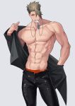  1boy abs achilles_(fate) black_pants collarbone cowboy_shot dog_tags fate/apocrypha fate_(series) green_hair grey_background hair_over_one_eye haruakira highres large_pectorals looking_at_viewer male_focus male_underwear male_underwear_peek muscular muscular_male navel orange_eyes pants pectorals red_male_underwear simple_background solo undercut underwear undressing veins veiny_arms 