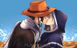  1boy 1girl artist_name black_hair blue_hair closed_eyes cloud cloudy_sky commentary cowboy_hat day desert english_commentary freckles hat highres hood hood_up kiss muffinmonstah nefertari_vivi one_piece orange_headwear outdoors portgas_d._ace scarf short_hair sky 