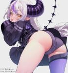  1girl absurdres ass averageartist belt braid coat coat_dress grey_hair highres hololive horns la+_darknesss la+_darknesss_(1st_costume) looking_at_viewer multicolored_hair open_mouth panties pointy_ears purple_coat purple_hair purple_panties purple_thighhighs single_braid single_thighhigh sleeves_past_fingers sleeves_past_wrists streaked_hair tail thigh_belt thigh_strap thighhighs tongue tongue_out underwear virtual_youtuber yellow_eyes 