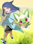  1girl :d absurdres aqua_eyes black_hair coat commentary_request cowlick day eyelashes grass green_coat hair_ornament hairclip highres jo_ske liko_(pokemon) looking_at_viewer open_clothes open_coat open_mouth outdoors pokemon pokemon_(anime) pokemon_(creature) pokemon_horizons shirt shoes shorts smile sprigatito standing watermark 