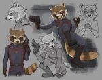  2023 action_pose anoapher anthro blue_clothing boots brown_body brown_fur clothed clothing colored digital_media_(artwork) footwear fully_clothed fur guardians_of_the_galaxy gun holding_gun holding_object holding_weapon male mammal markings marvel pose procyonid raccoon ranged_weapon rocket_raccoon sketch_page solo striped_markings striped_tail stripes tail tail_markings uniform weapon whiskers 