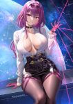  1girl artist_name black_choker breasts choker collared_shirt cracked_glass eyewear_on_head glint gloves grin hand_up highres honkai:_star_rail honkai_(series) jewelry kafka_(honkai:_star_rail) large_breasts laser long_hair long_sleeves looking_at_viewer multiple_rings open_clothes open_shirt pantyhose parted_lips pencil_skirt print_sleeves purple_eyes purple_gloves purple_hair ring shirt shirt_tucked_in sitting skirt sky smile solo space star_(sky) starry_sky studiopokotan sunglasses suspenders thighs web_print white_shirt window 