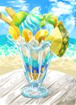  beach blue_sky cloud cloudy_sky food food_focus fruit highres leaf nanohana_wave no_humans original outdoors parfait pineapple sky still_life table 