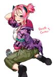  1girl animal_print arm_behind_head bat_print belt breasts cargo_pants character_name demon_girl demon_horns duel_monster holding holding_microphone horns jacket large_breasts microphone muckraker_from_the_underworld one_eye_closed open_clothes open_jacket pants pink_hair pointy_ears purple_eyes sharp_teeth shirt shoes short_ponytail sitting solo teeth tsukinami_kousuke wariza white_background white_shirt yu-gi-oh! 