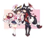  2girls alternate_costume alternate_hairstyle animal_ear_fluff animal_ears apron black_hair black_nails black_thighhighs blue_archive blue_skirt bow brown_hair chopsticks closed_mouth commentary_request fang floral_print food fox_ears fox_girl fox_shadow_puppet fox_tail frilled_sleeves frills geta glass gradient_hair hair_bow halo highres holding holding_tray izuna_(blue_archive) japanese_clothes kimono long_hair long_sleeves looking_at_viewer maid maid_apron maid_headdress multicolored_hair multiple_girls nail_polish o-ring o-ring_thigh_strap omelet omurice open_mouth outside_border pigeon-toed pink_kimono pleated_skirt red_hair red_kimono saru short_hair skin_fang skirt smile standing standing_on_one_leg striped striped_kimono tabi tail tail_bow tail_ornament thigh_strap thighhighs tray twitter_username two_side_up very_long_hair wa_maid wakamo_(blue_archive) white_apron white_bow wide_sleeves zouri 