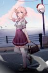  1girl absurdres alternate_costume bag bird black_footwear blue_eyes blue_neckerchief blurry blurry_foreground blush breasts chinese_commentary commentary_request earrings from_side full_body grin highres holding holding_bag honkai:_star_rail honkai_(series) jewelry loafers march_7th_(honkai:_star_rail) medium_breasts medium_hair medium_skirt neckerchief pink_eyes pink_hair pink_sailor_collar pink_skirt pleated_skirt pom-pom_(honkai:_star_rail) revision sailor_collar school_uniform serafuku shoes single_earring skindentation skirt smile solo thighhighs traffic_mirror two-tone_eyes wangzili_shitoumen white_serafuku white_thighhighs zettai_ryouiki 