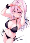  1girl absurdres bikini black_bikini blush breasts cleavage criss-cross_halter cu-no halterneck hands_up highres hisen_kaede large_breasts long_hair looking_at_viewer navel open_mouth pink_hair purple_eyes scan scrunchie side-tie_bikini_bottom simple_background smile solo stomach swimsuit thighs white_background wrist_scrunchie yayoi_sakura 