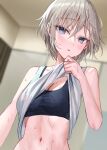  1girl absurdres anastasia_(idolmaster) bare_shoulders black_sports_bra black_tank_top blue_eyes blush breasts clothes_lift crop_top highres idolmaster idolmaster_cinderella_girls long_bangs looking_at_viewer medium_breasts messy_hair midriff navel open_mouth rum_raisin_(chihiromakita19) shirt shirt_lift short_hair sleeveless sleeveless_shirt solo sports_bra stomach sweat sweatdrop tank_top thick_eyelashes upper_body white_shirt 