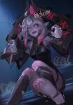  1girl ahoge bare_shoulders briar_(league_of_legends) chained_wrists colored_sclera detached_sleeves fingernails grey_hair hair_between_eyes highres league_of_legends long_hair looking_at_viewer multicolored_hair open_mouth pink_hair pink_nails pointy_ears sharp_fingernails sharp_teeth smile solo syami_(choiimi) teeth two-tone_hair 
