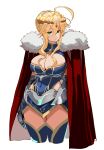  1girl absurdres ahoge armor artoria_pendragon_(fate) artoria_pendragon_(lancer)_(fate) bird blonde_hair blush breasts cape cleavage cleavage_cutout clothing_cutout crow fate/grand_order fate_(series) fur-trimmed_cape fur_trim gauntlets green_eyes hair_between_eyes hey_taisyou highres large_breasts leotard red_cape revealing_clothes simple_background solo thighhighs white_background zettai_ryouiki 